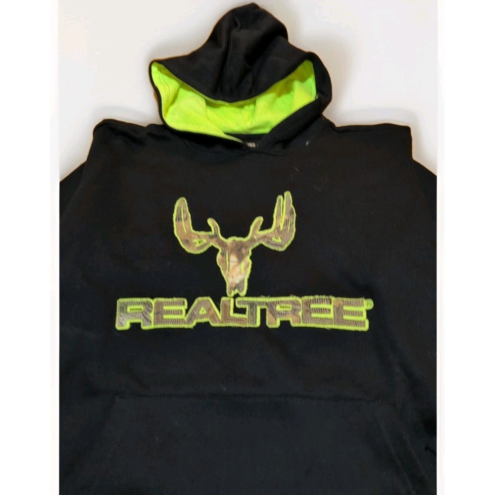 REALTREE Hoodie Black With Lime Green Camo Logo Kangaroo Pocket Sz XL Youth NWT